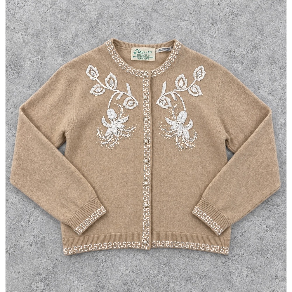 Vintage McMullen Hand Beaded Angora Lambswool Floral Cardigan Sweater Beige M
